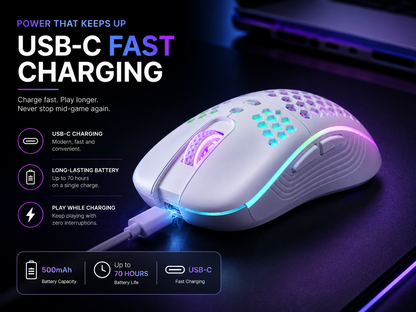 2.4G Wireless RGB Backlit Gaming Mouse with 6 Buttons, 3-Speed DPI, Type C Rechargeable, Ergonomic Honeycomb Design