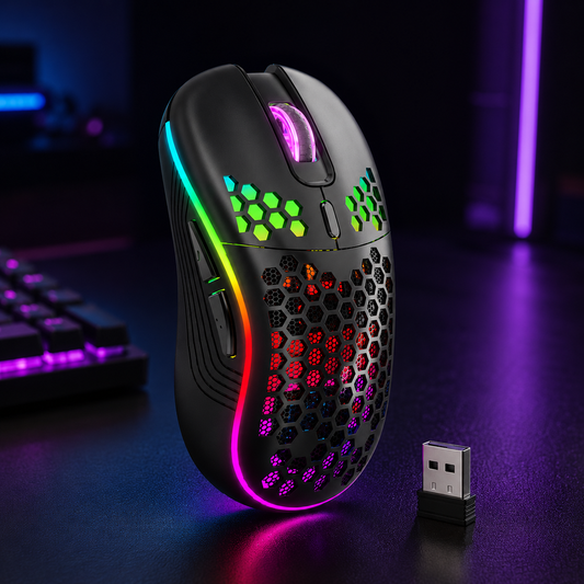 2.4G Wireless RGB Backlit Gaming Mouse with 6 Buttons, 3-Speed DPI, Type C Rechargeable, Ergonomic Honeycomb Design