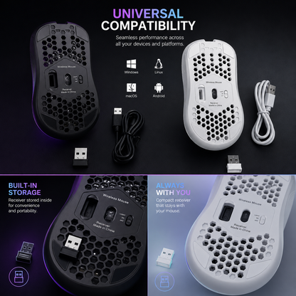 2.4G Wireless RGB Backlit Gaming Mouse with 6 Buttons, 3-Speed DPI, Type C Rechargeable, Ergonomic Honeycomb Design
