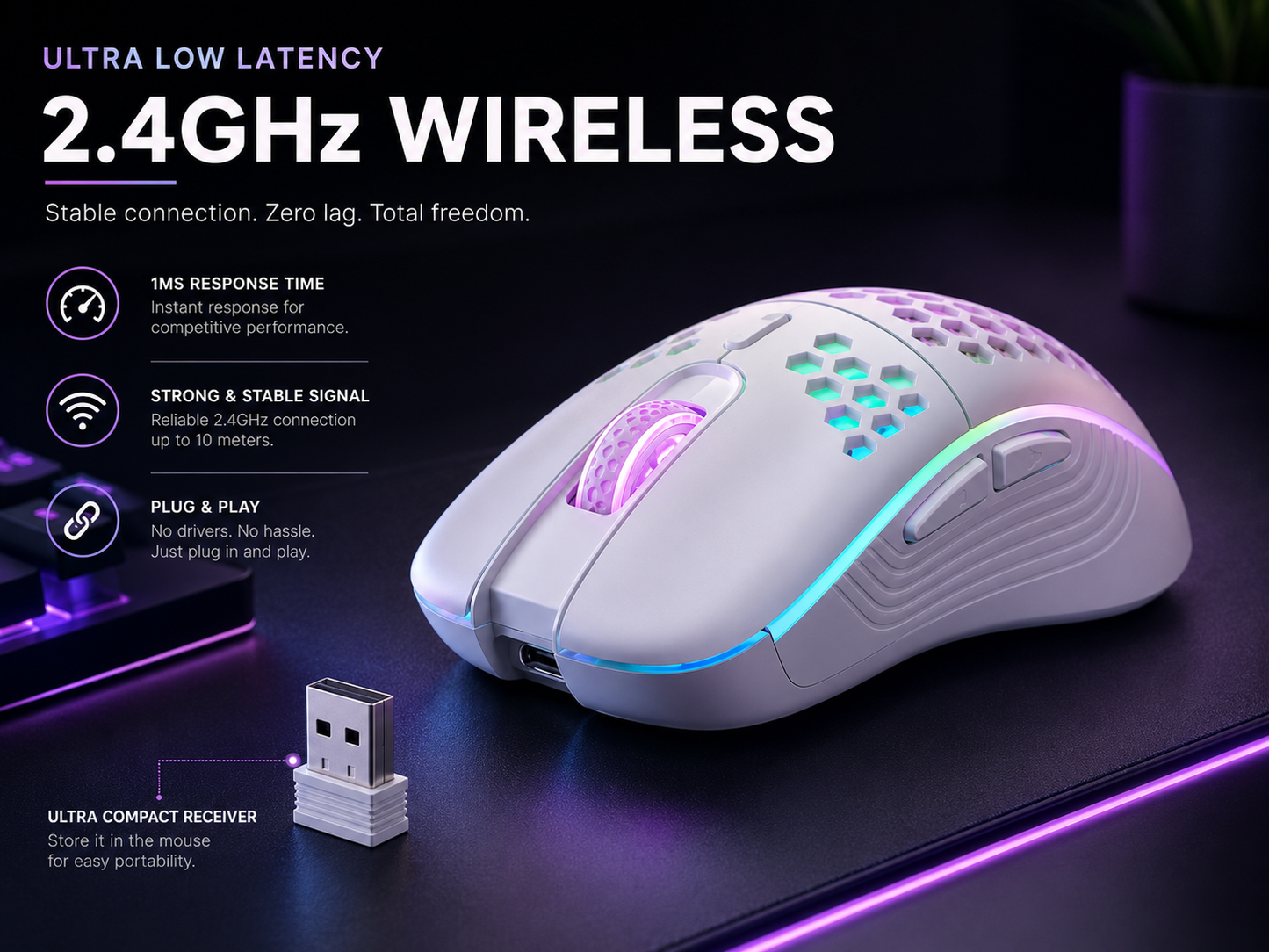 2.4G Wireless RGB Backlit Gaming Mouse with 6 Buttons, 3-Speed DPI, Type C Rechargeable, Ergonomic Honeycomb Design